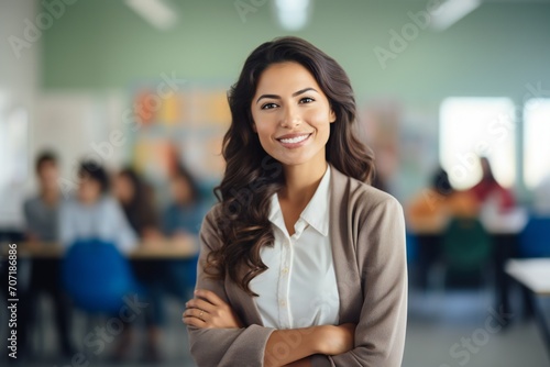 a photo portrait of a beautiful young female mexican american school teacher standing in the classroom. students sitting and walking in the break. blurry background behind