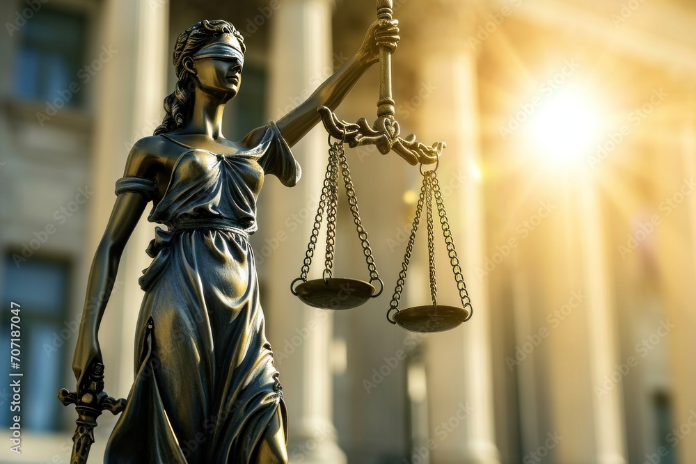 scales of justice in front of a building with the sun behind it. scales of justice in front of a building with the sun behind it.