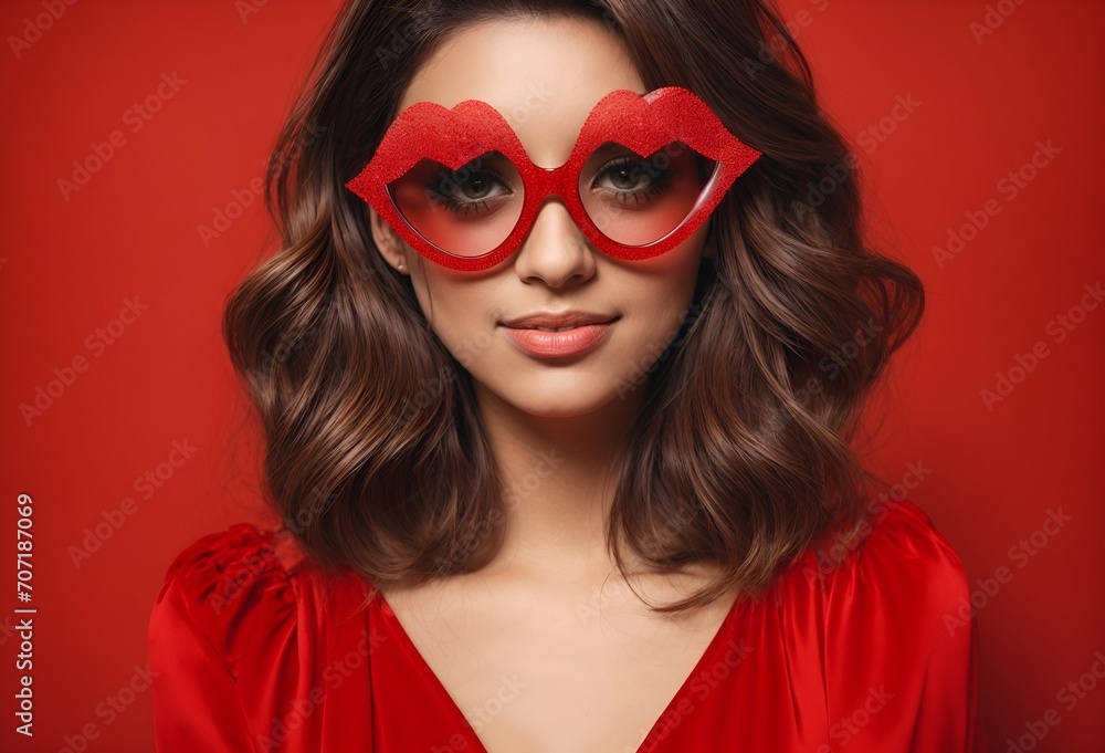 a woman wearing glasses designed in the shape of a lips