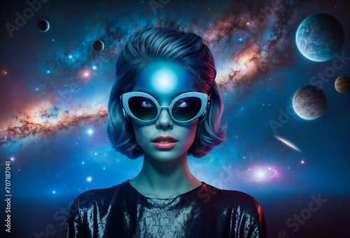a woman wearing glasses designed to resemble an alien