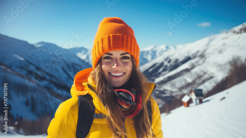 Portrait of woman in alps. Ski vacation in skier uniform