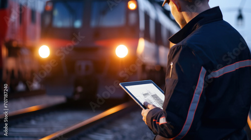 Inspector of wagons at freight train station looks in tablet computer. american railway man with tablet computer at freight train terminal photo