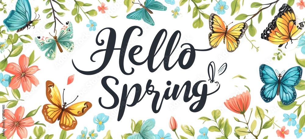 Spring season greeting banner with butterflies and floral motifs. Seasonal celebration.