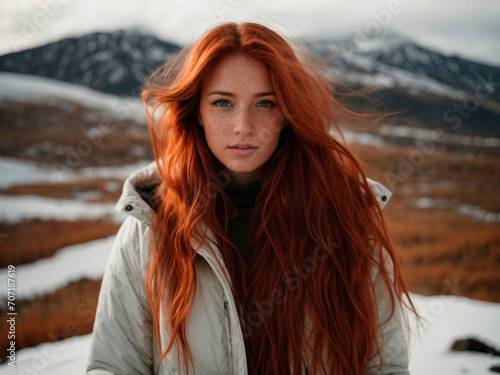 Female Model Showcasing Very Long Red Hair and Freckles, Adorned in a black and a white snowtrouse, Posing in in the mountains