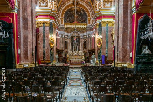 view of the central nave and altar in the Metropolitan Cathedral of St. Paul in Mdina