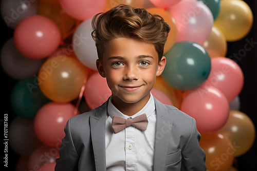 Portrait of a cute little boy in a suit and bow tie posing on a background of colorful balloons © ERiK