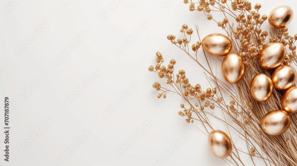 Stylish Easter gold eggs with golden dried flax linum bunch, white background. Stylish Easter gold eggs with golden dried flax linum bunch, white background.