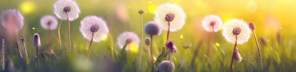 some colorful and dandelions in the grass. some colorful and dandelions in the grass.