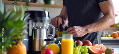 Man preparing fresh fruit juice using electric juicer in kitchen. Healthy eating and lifestyle. photo