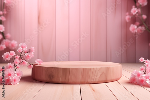 Wooden podium and pink flowers. Conceptual scene showcase for new product  promotional sale  banner  presentation  cosmetics