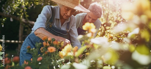 Elderly couple tending to garden flowers in sunlight. Aging together and leisure.