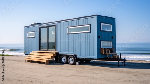 Amazing shipping wheels storage sea container cabin tiny house AI Generated art © Indronath