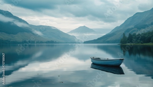 saanen fishing boat in a lake in the mountains. © olegganko