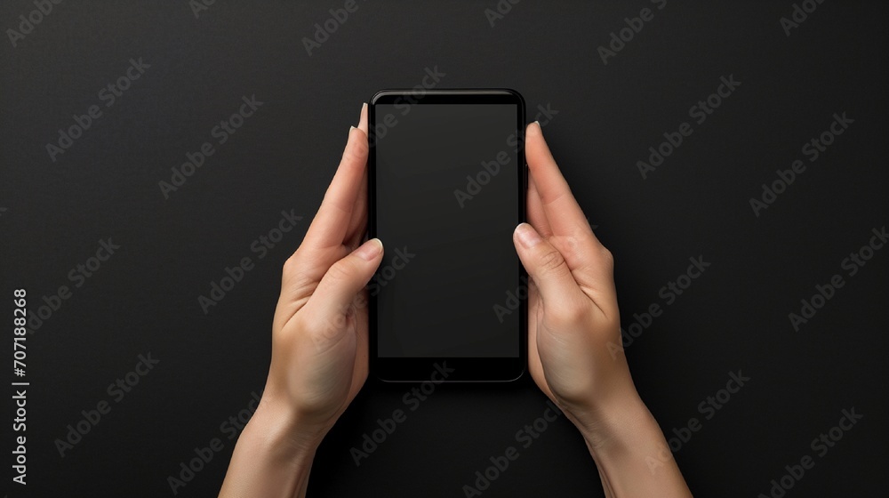 A top-down perspective capturing hands with a mobile mockup against a black background, the high-definition image highlighting the realistic texture and sleekness of the device - obrazy, fototapety, plakaty 