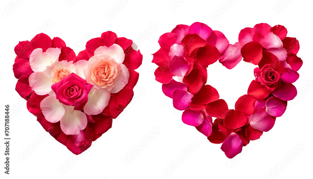 Close-up of 2 hearts made of red-pink rose petals on a transparent background, the concept for Valentine's Day, celebration, anniversary, birthday, love, and tenderness for women. Close-up of 2 hearts made of red-pink rose petals on a transparent background, the concept for Valentine's Day, celebration, anniversary, birthday, love, and tenderness for women.