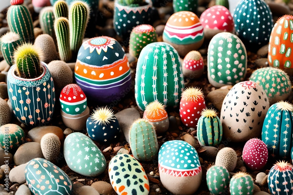 A collection of DIY painted rock cacti, designed with vibrant colors and patterns. A collection of DIY painted rock cacti, designed with vibrant colors and patterns.