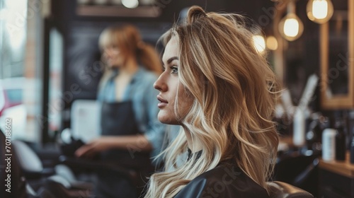 In the hair salon, a stunning blonde model gets a new haircut, hair color, and styling. conversing with the hairstylist while seated in the chair photo