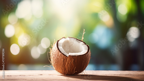 fresh coconut on a wooden table, on a blurred background of a sea of palm trees