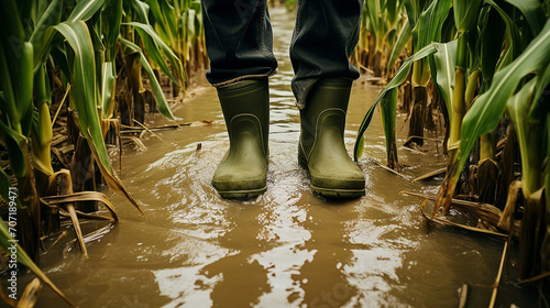 a male farmer stands in rows of corn, a flooded field