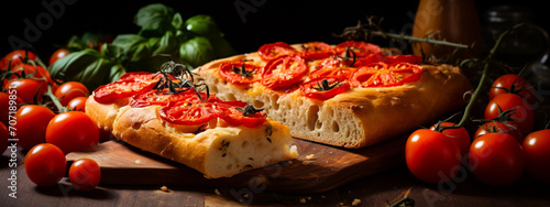 delicious fresh baked focaccia with tomatoes on a dark background