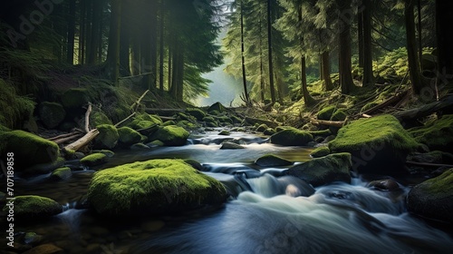 river landscape in the middle of tropical forest with mossy rocks photo