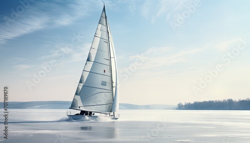 Sailboat Sailing Across Frozen Lake, Winter Recreation and Adventure
