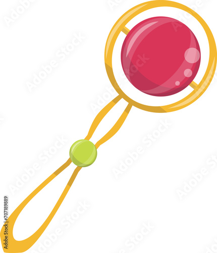 Red and gold baby rattle toy illustration. Cartoon style infant rattle clipart. Newborn accessory vector illustration.
