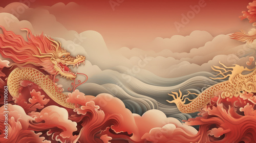 Happy chinese new year of dragon 2024 card illustration with gold and red dragon in waves and clouds background.
