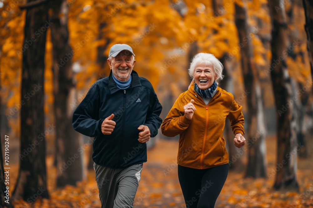Smiling senior couple jogging in the park
Smiling senior couple jogging in the park