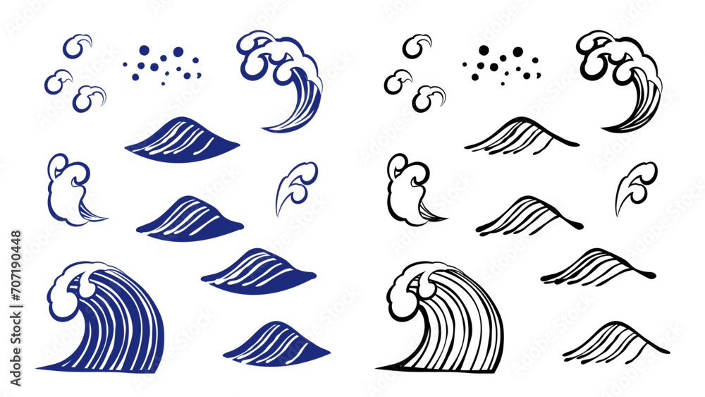 手描き風の和風の波の素材セット
