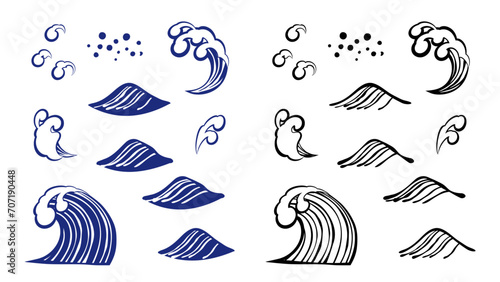 手描き風の和風の波の素材セット photo