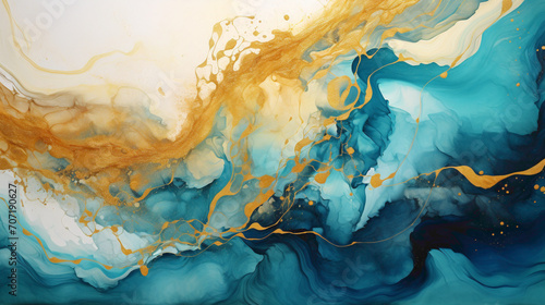 Molten gold and aqua blues merging in a surreal dance, creating a liquid abstract spectacle that evokes a sense of cosmic beauty.