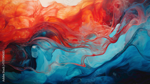 Oceanic blues and fiery reds colliding in a vibrant explosion of color, creating a breathtaking liquid tapestry with impeccable high-definition detail.