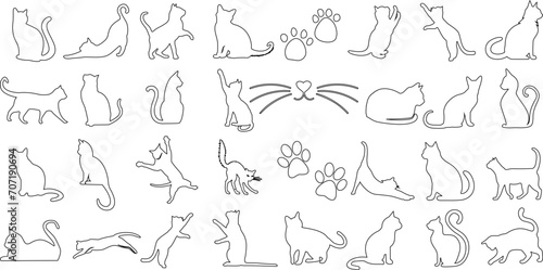 Minimalist cat line art  various poses of cats. Perfect for wall art  decorations  cat lovers. Elegance  feline grace captured. Sitting  standing  stretching  playing  relaxing cats. Paw prints