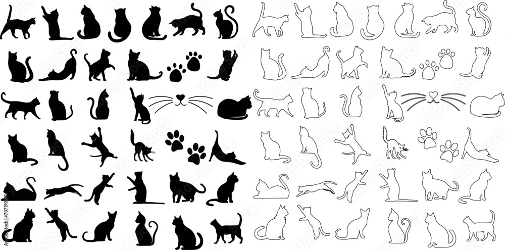 Cat silhouettes, diverse poses, black and outline drawings. Perfect for pet lovers, cat related content. detailed drawings of cats in various poses sitting, standing, walking, jumping, sleeping