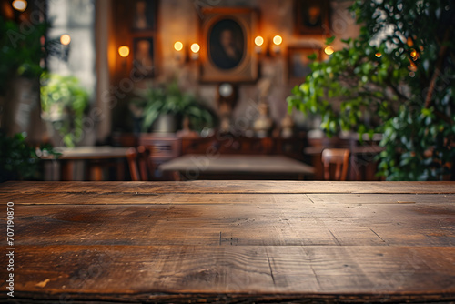 Empty Wooden Tabletop with Classic and Vintage Decoration Interior Blur Background