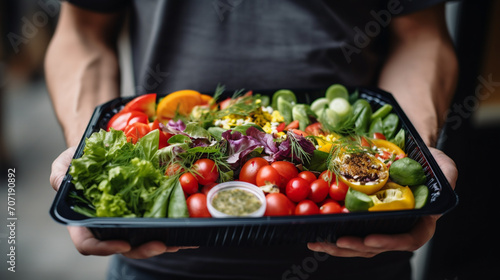 close-up of a man holding a salad in a bowl