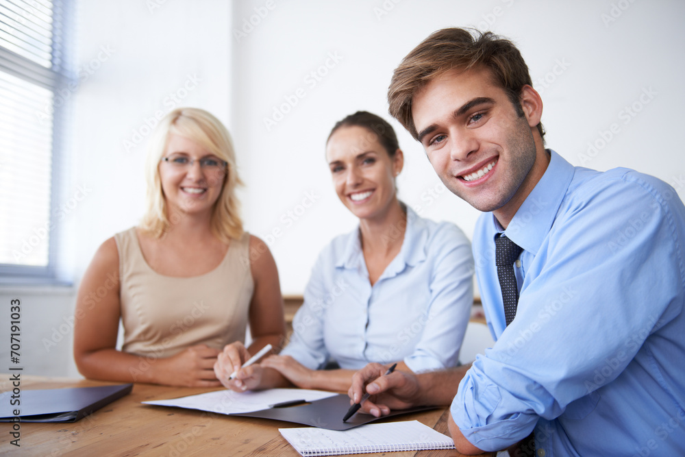 Obraz premium Paperwork, happy and portrait of professional people teamwork on company funding plan, project or strategy. Meeting, job experience or staff cooperation on finance numbers, budget or sales folder