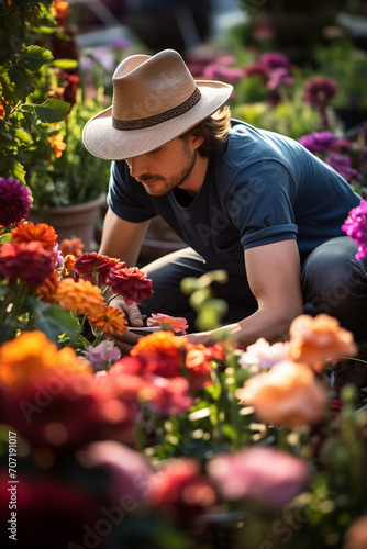a male florist takes care of flowers in a flower bed.