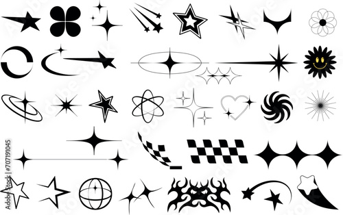 Y2K aesthetic elements, black icons on white . Stars, arrows, planets symbols for retro futuristic designs. Perfect for web, digital art, 90s nostalgia projects. Checkerboard pattern, hearts, flowers