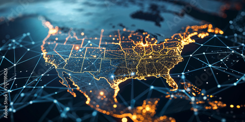 Digital map of USA, concept of North America global network and connectivity, data transfer and cyber technology, information exchange and telecommunication photo
