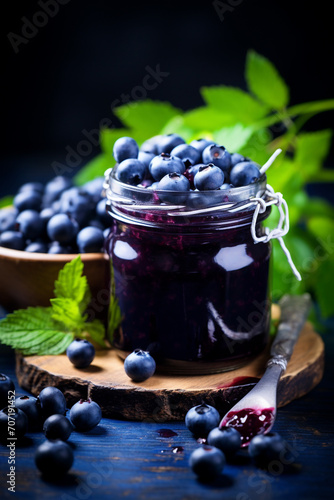 Blueberry jam in a glass jar with fresh berries. on a wooden table