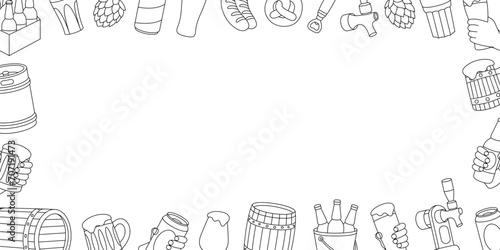 Brewery horizontal outline banner. Wooden barrels, cans, glasses, mugs, metal keg, bottle opener, sausages, tap, hop cone. Brewery factory production.
