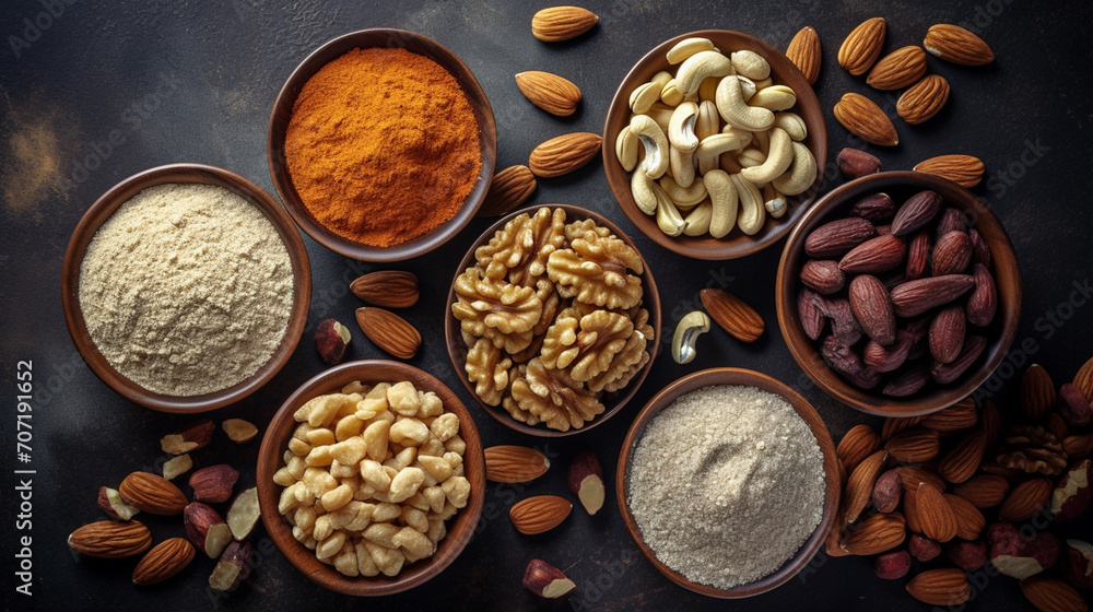 Various nut flour, almond, hazelnut top view Various nut flour, almond, hazelnut top view