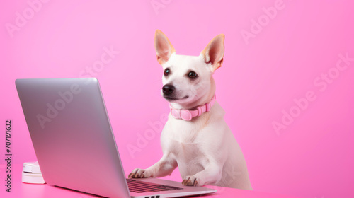 A small white dog is sitting at a table and working on a laptop  © Tereza