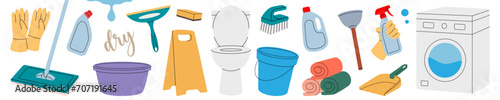 Set of cleaning tools. Toilet bowl, washing machine, floor mop, bucket, plunger, scoop, sponges, washcloths, brushes. Housekeeping service equipment.