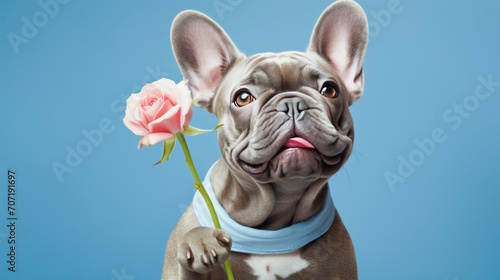 a dog gives a gift - a flower, on a blue background 
