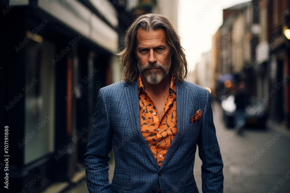 Handsome middle-aged man with long gray hair and beard wearing a blue jacket and orange shirt walking down a street in a European city