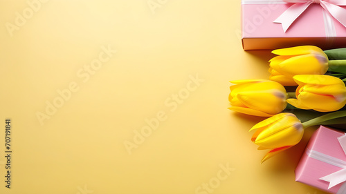 Tulips  flowers and gift box on yellow background. Top view, text space