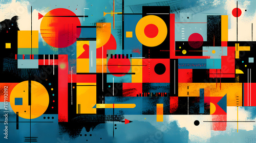 A vibrant and dynamic abstract painting that showcases a bold mix of colors, shapes, and graphic design elements, creating a modern and visually stimulating work of art